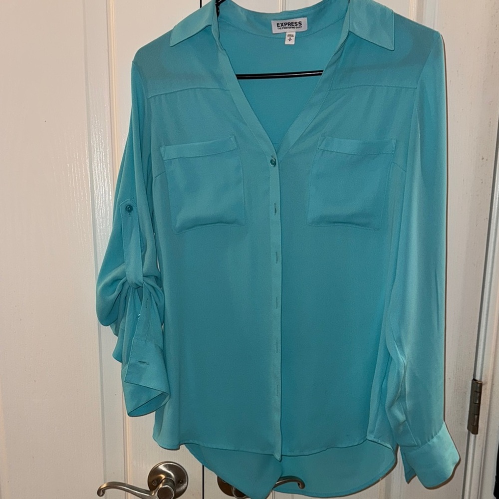 Express Blue Green 3/4 Sleeve Notched Collar Blouse